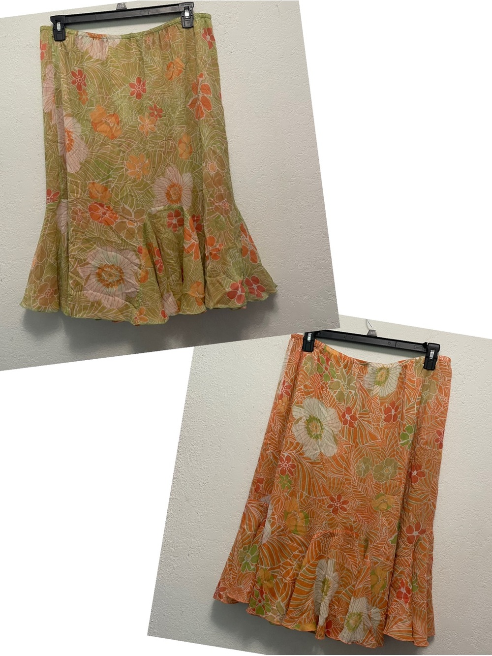 Multiples Reversible XL orange retro-style floral midi skirt tiered ruffle hem